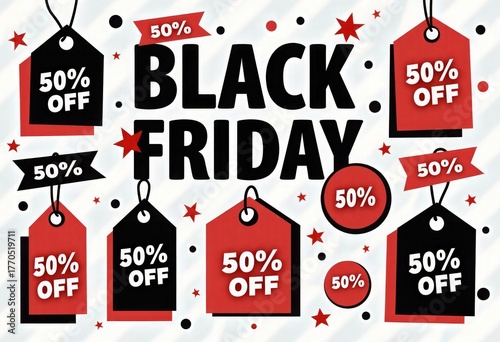 Vector illustration of various discount labels with 50% sale symbols and bold Black Friday text on white background, red and black color palette, ideal for banners, posters, ads, marketing designs.