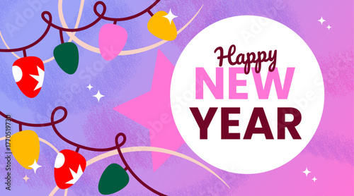 Happy New Year banner with colorful lights and festive typography. Vector winter holiday greeting card.