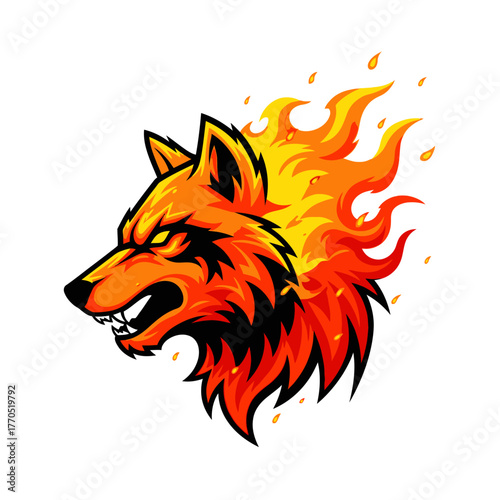 Fiery wolf head logo radiating power and intensity for gaming, sports, or esports teams with a modern, vibrant, and dynamic design ready for branding