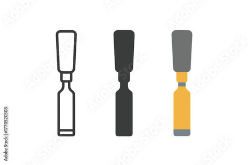 Minimalist Chisel Icons. Minimalist chisel icon: three identical wood chisels in a row, first in line style with thin outline,