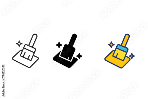 Minimalist Cleaning Icons. Minimalist cleaning technique icon: three identical paintbrush and cloth icons in a row, first in line
