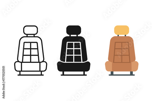 Minimalist Leather Car Seats. Minimalist leather car seat icon: three identical vintage leather car seats in a row, first in line