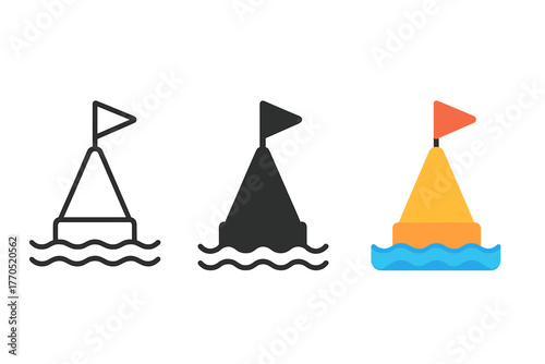 Buoy Race Markers. Minimalist race marker icon: three identical buoy race markers icons in a row, first in line style with thin