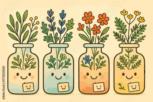 Cheerful Herb Jars. Smiling apothecary jars filled with colorful doodle herbs, tiny labels with cheerful faces