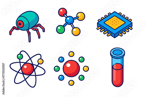 Nanotechnology Icons Set. Isometric vector illustration set Nanotechnology: Nanobot, Molecular Model, Microchip, Atomic Structure,