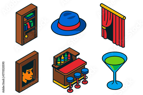 Speakeasy Icons Set. Isometric vector illustration set Speakeasy: Hidden Door, Fedora, Velvet Curtain, Secret Password, Bar
