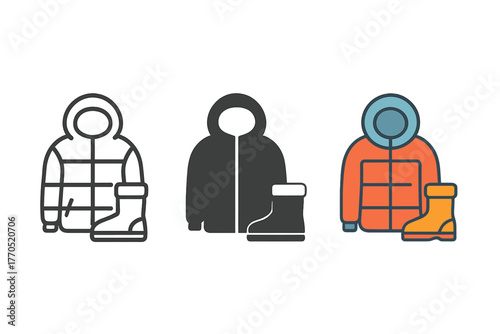 Thermal Gear Icons. Minimalist thermal gear icon: three identical insulated jacket and boots icons in a row, first in line style