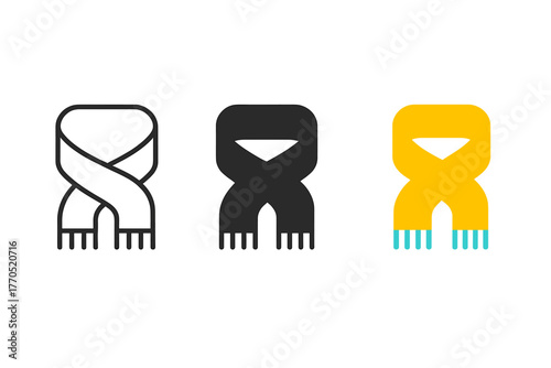 Minimalist Scarf Icons. Minimalist scarf icon: three identical folded scarves with fringes in a row, first in line style with thin