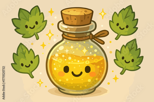 Sparkling Potion Delight. Happy vial with a sparkling potion inside, surrounded by floating smiling herb leaves