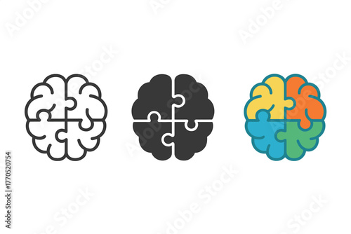 Brain Puzzle Icons. Minimalist logic game icon: three identical brain puzzle icons in a row, first in line style with thin outline