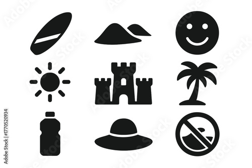 Outdoor Fun Icons. Solid style icons of Outdoor Fun: Board, Dune, Smile, Sun, Sand Castle, Palm Tree, Water Bottle, Hat, No text,