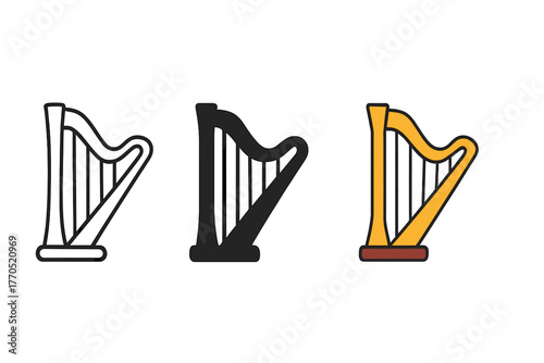 Minimalist Harp Trio. Minimalist harp icon: three identical harps with triangular frame and strings in a row, first in line style