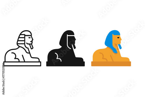 Minimalist Sphinx Icons. Minimalist sphinx icon: three identical sphinx statues icons in a row, first in line style with thin