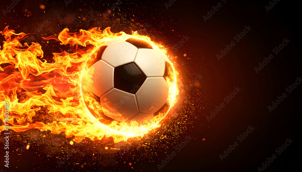 Naklejka premium Hot flaming soccer ball flying through darkness, energy and passion in sport background.