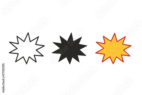 Comic Action Effects. Minimalist action effect icon: three identical comic action effects like “Bam!” or “Pow!” in a row, first in