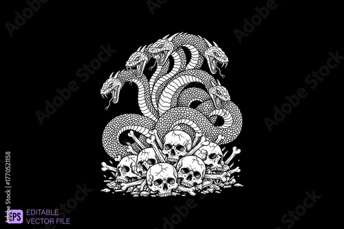 Hydra Snake and Skulls Illustration in Black and White.