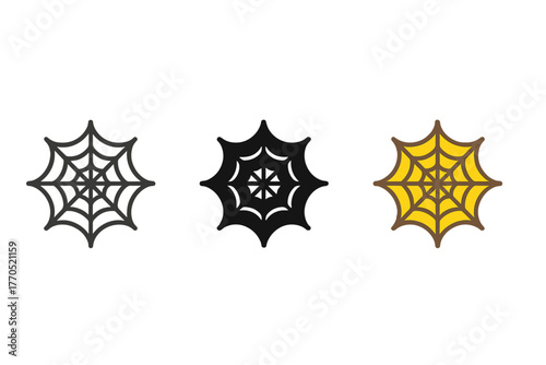 Minimalist Cobweb Icons. Minimalist cobweb icon: three identical cobweb icons in a row, first in line style with thin outline,