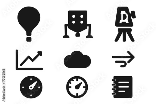 Sky Research Icons. Solid style icons of Sky Research: Balloon, Instrument Payload, Theodolite, Forecast Graph, Cloud, Wind Arrow,