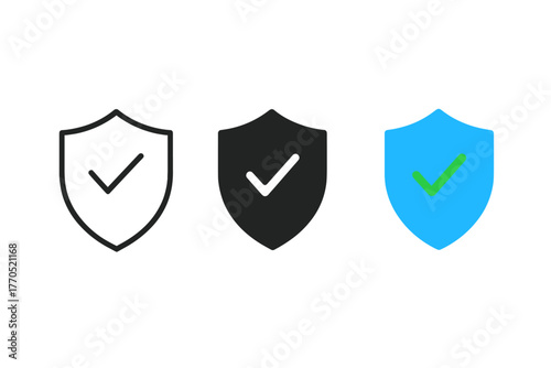 Antivirus Shield Icons. Minimalist antivirus icon: three identical shield with checkmark icons in a row, first in line style with