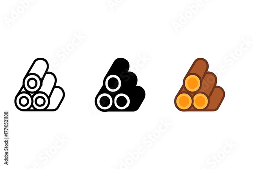 Minimalist Firewood Icons. Minimalist firewood icon: three identical stacked firewood icons in a row, first in line style with