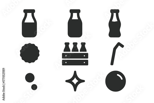 Glass Bottle Icons. Solid style icons of Glass Bottle Heritage: Milk Bottle, Juice Bottle, Soda Bottle, Cap, Crate, Straw, Bubble,