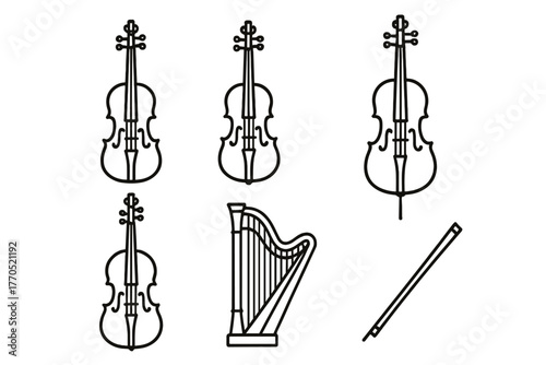 String Section Icons. Line style icons of string section: violin, viola, cello, double bass, harp, bow. No text, No labels,