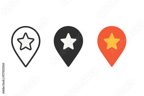Star Icon Pins. Minimalist pin with star icon: three identical map pins with a small star inside in a row, first in line style