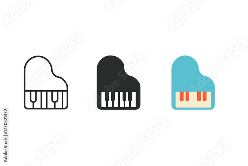 Minimalist Piano Trio. Minimalist piano icon: three identical small pianos with visible keys in a row, first in line style with