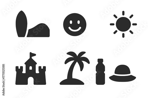 Outdoor Fun Icons. Solid style icons of Outdoor Fun: Board, Dune, Smile, Sun, Sand Castle, Palm Tree, Water Bottle, Hat, No text,
