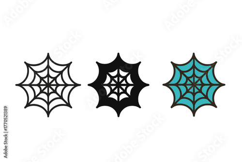 Minimalist Cobweb Icons. Minimalist cobweb icon: three identical cobweb icons in a row, first in line style with thin outline,