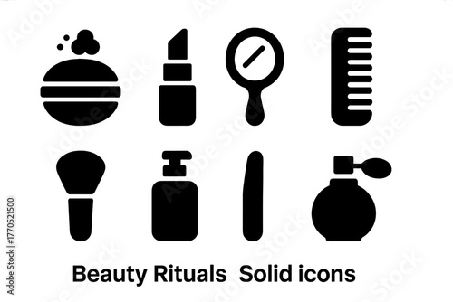 Beauty Rituals Icons. Solid style icons of Beauty Rituals: Powder Puff, Lipstick, Mirror, Comb, Brush, Bottle, Nail File, Perfume,