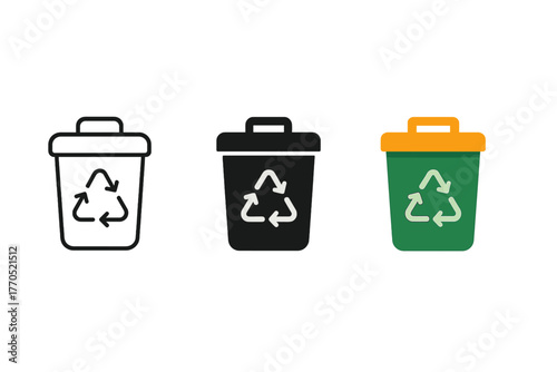 Minimalist Bin Icons. Minimalist collection bin icon: three identical recycling bin icons in a row, first in line style with thin