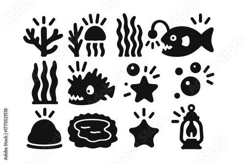 Underwater Bioluminescent Icons. Solid style icons of Underwater Light: Coral, Jellyfish, Algae Bloom, Bioluminescent Fish,