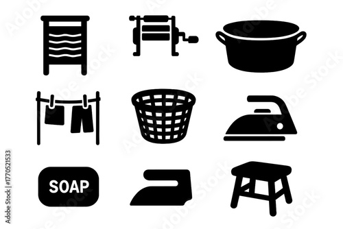 Domestic Heritage Icons. Solid style icons of Domestic Heritage: Washboard, Wringer, Tub, Clothesline, Basket, Iron, Soap Bar,