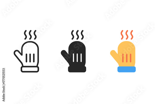Thermal Gloves Icons. Minimalist thermal gloves icon: three identical insulated gloves icons in a row, first in line style with