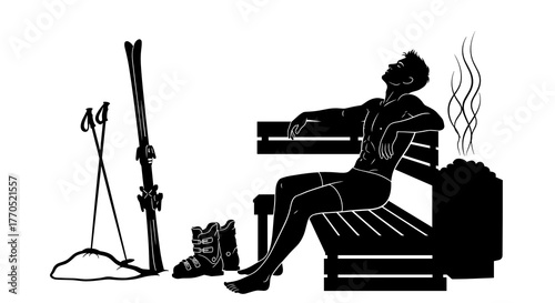 Man relaxing in sauna after skiing with winter icons illustration  