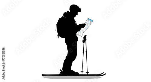 Man checking ski trail map while standing on skis with poles  