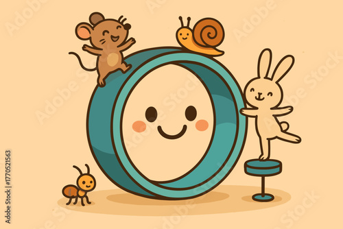 Critters' Yoga Play. Happy yoga wheel with tiny critters rolling and balancing on it, all smiling