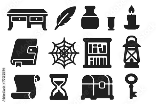 Antique Study Icons. Solid style icons of Antique Study: Desk, Quill, Inkpot, Candle, Dusty Tome, Cobweb, Bookshelf, Lantern,