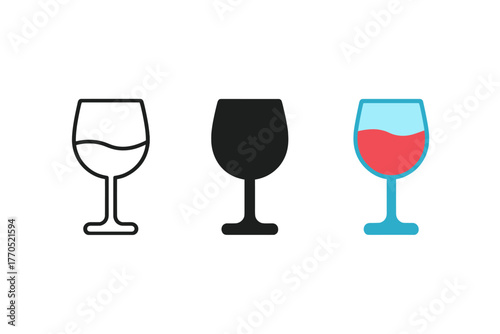 Minimalist Wine Glasses. Minimalist tasting glass icon: three identical wine tasting glass icons in a row, first in line style