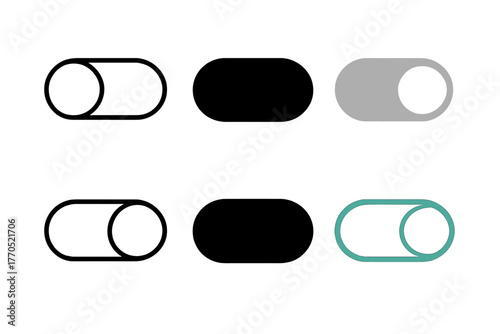 Toggle Icon Styles. Linear minimalistic toggle icon: switch outline in off position, uniform line thickness, no fill, Solid toggle