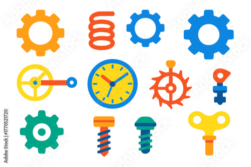 Colorful Clockwork Icons. Flat vector icons of Clockwork Engineering: cogwheel, spring, gear, lever, escapement, balance wheel,