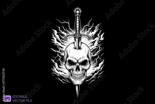 Skull and Sword with Fiery Aura Vector Illustration.