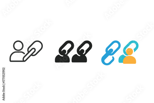 Chain Link Profiles. Minimalist account linking icon: three identical chain link with profile icons in a row, first in line style
