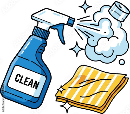 Cleaning Spray Bottle with Cloth and Sparkling Effect Illustration.