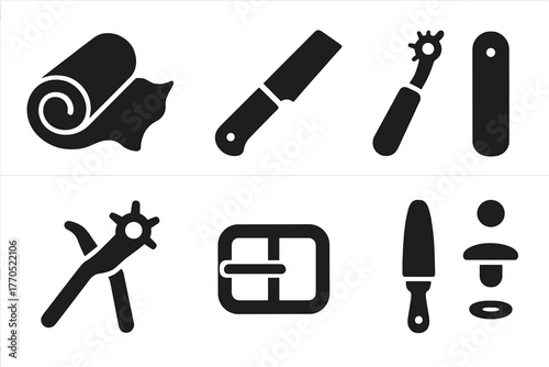 Leather Craft Icons. Solid style icons of Leather Crafting: Hide Roll, Cutting Blade, Stitching Wheel, Hole Punch, Buckle, Strap,