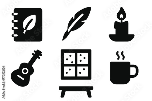 Cabin Creativity Icons. Solid style icons of Cabin Creativity: Sketchbook, Writing Quill, Candle Flame, Guitar, Snow Window,