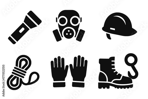 Urban Exploration Icons. Solid style icons of Urban Exploration: flashlight, gas mask, backpack, hard hat, rope, gloves, steel