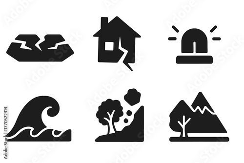 Natural Disaster Icons. Solid style icons of Natural Disasters: Cracked Ground, House, Seismograph, Alarm, Wave Symbol, Rockfall,