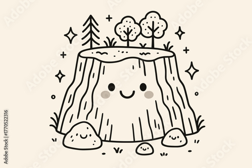 Cheerful Cliff Doodle. Cute doodle vector artwork of a cheerful cliff with a happy face, decorated with doodle trees, sparkly